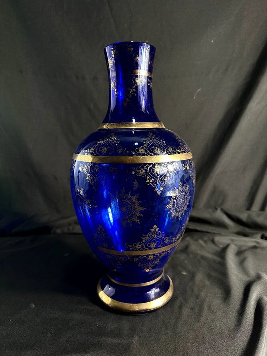 Large Vase Cobalt Blue With Gold Detail Clear Glass 17”H/8”D Bohemian glass