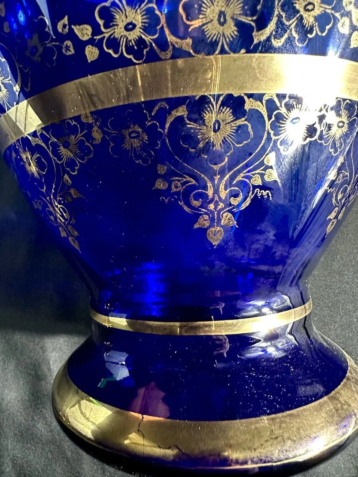 Large Vase Cobalt Blue With Gold Detail Clear Glass 17”H/8”D Bohemian glass