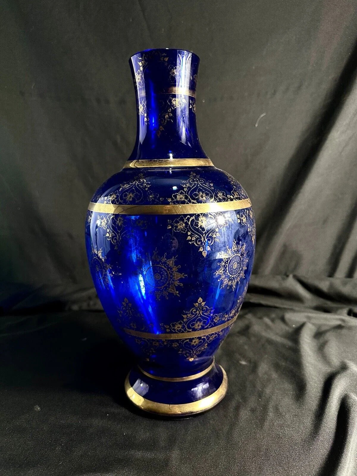 Large Vase Cobalt Blue With Gold Detail Clear Glass 17”H/8”D Bohemian glass