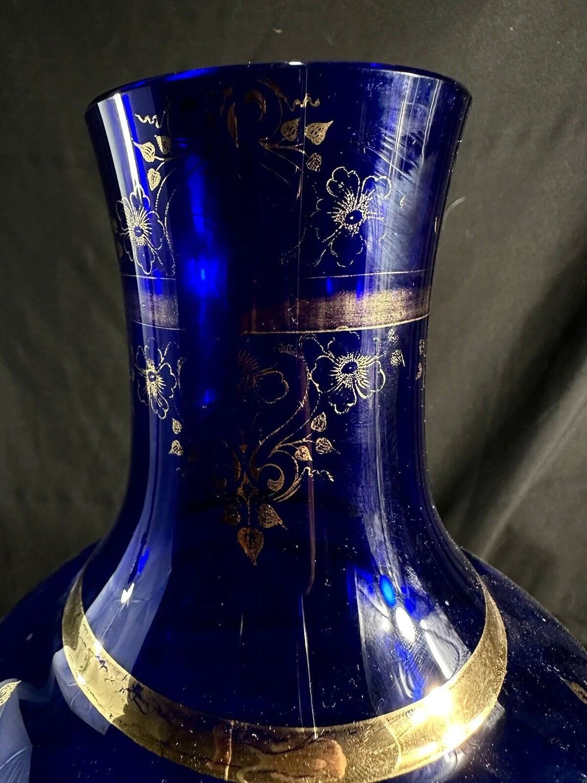 Large Vase Cobalt Blue With Gold Detail Clear Glass 17”H/8”D Bohemian glass