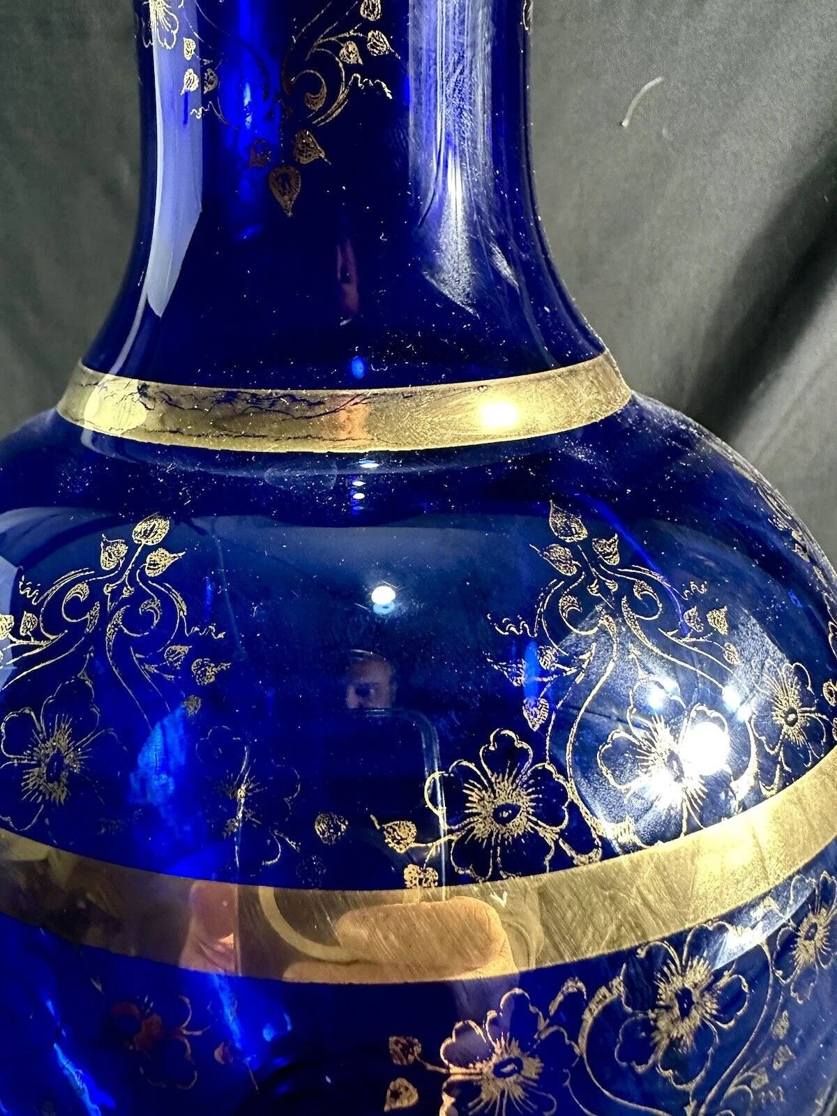 Large Vase Cobalt Blue With Gold Detail Clear Glass 17”H/8”D Bohemian glass