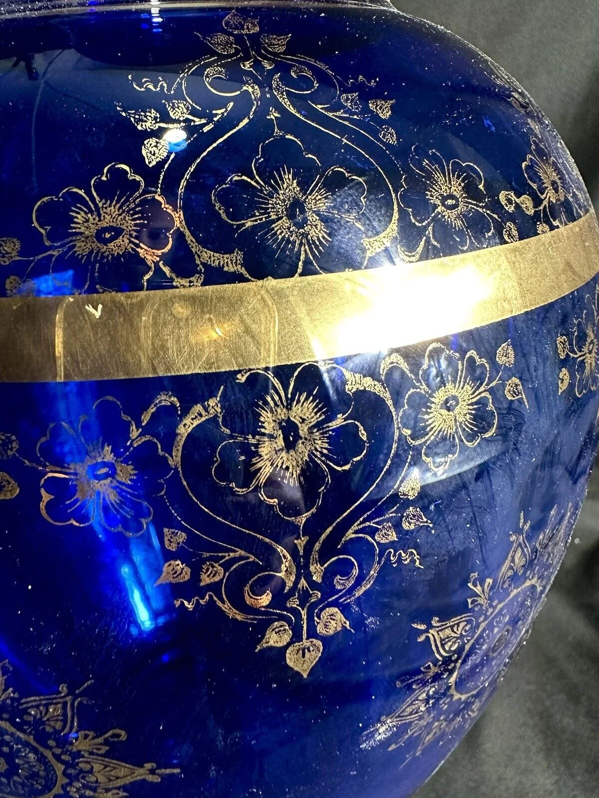 Large Vase Cobalt Blue With Gold Detail Clear Glass 17”H/8”D Bohemian glass