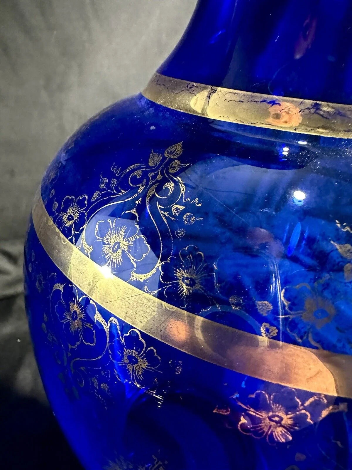 Large Vase Cobalt Blue With Gold Detail Clear Glass 17”H/8”D Bohemian glass