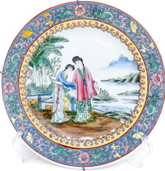 Chinese Hand Painted Decorative Plate Vintage 10" 2 women on a lake famille rose