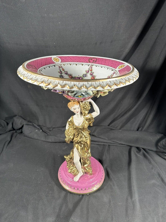 Pink & White Figural Porcelain Centerpiece Compote Bowl 15.5” H x 11.5” Diameter