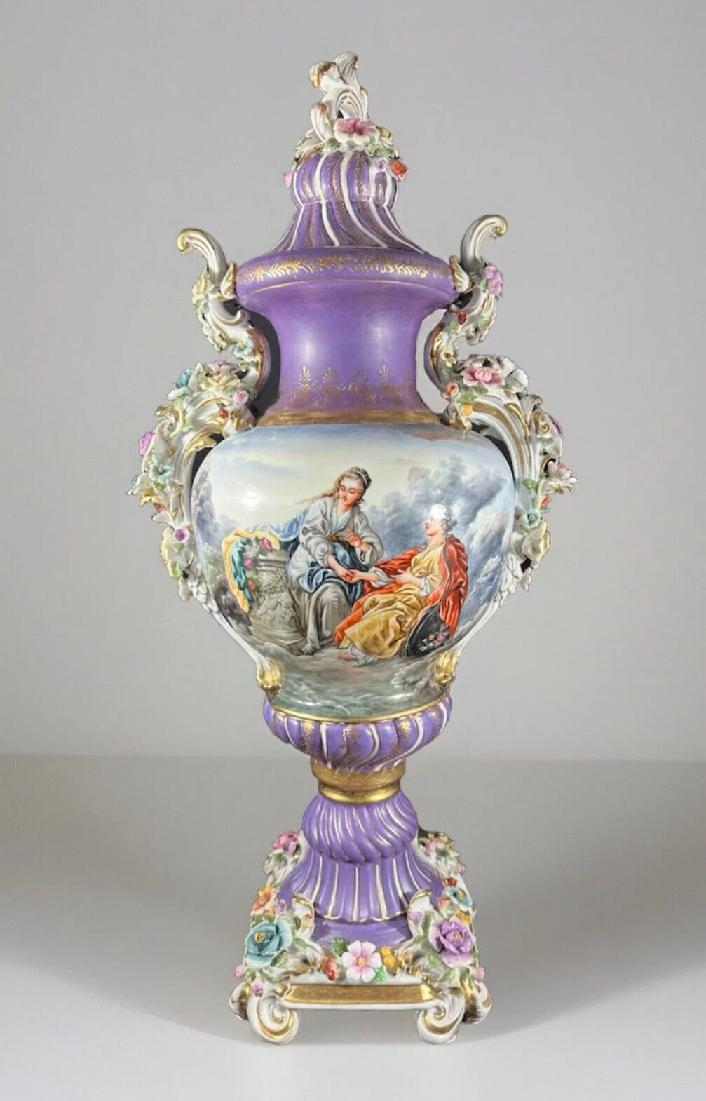 Porcelain handpainted Urn , after models from Sèvres 28”H Lidded