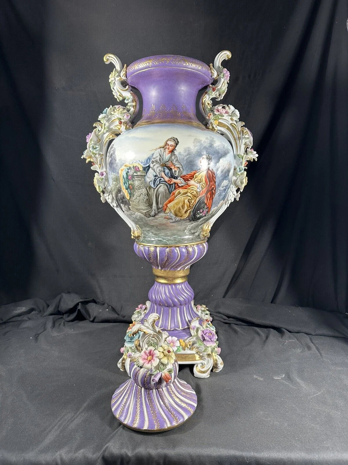 Porcelain handpainted Urn , after models from Sèvres 28”H Lidded