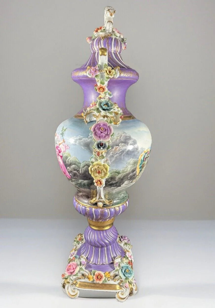 Porcelain handpainted Urn , after models from Sèvres 28”H Lidded