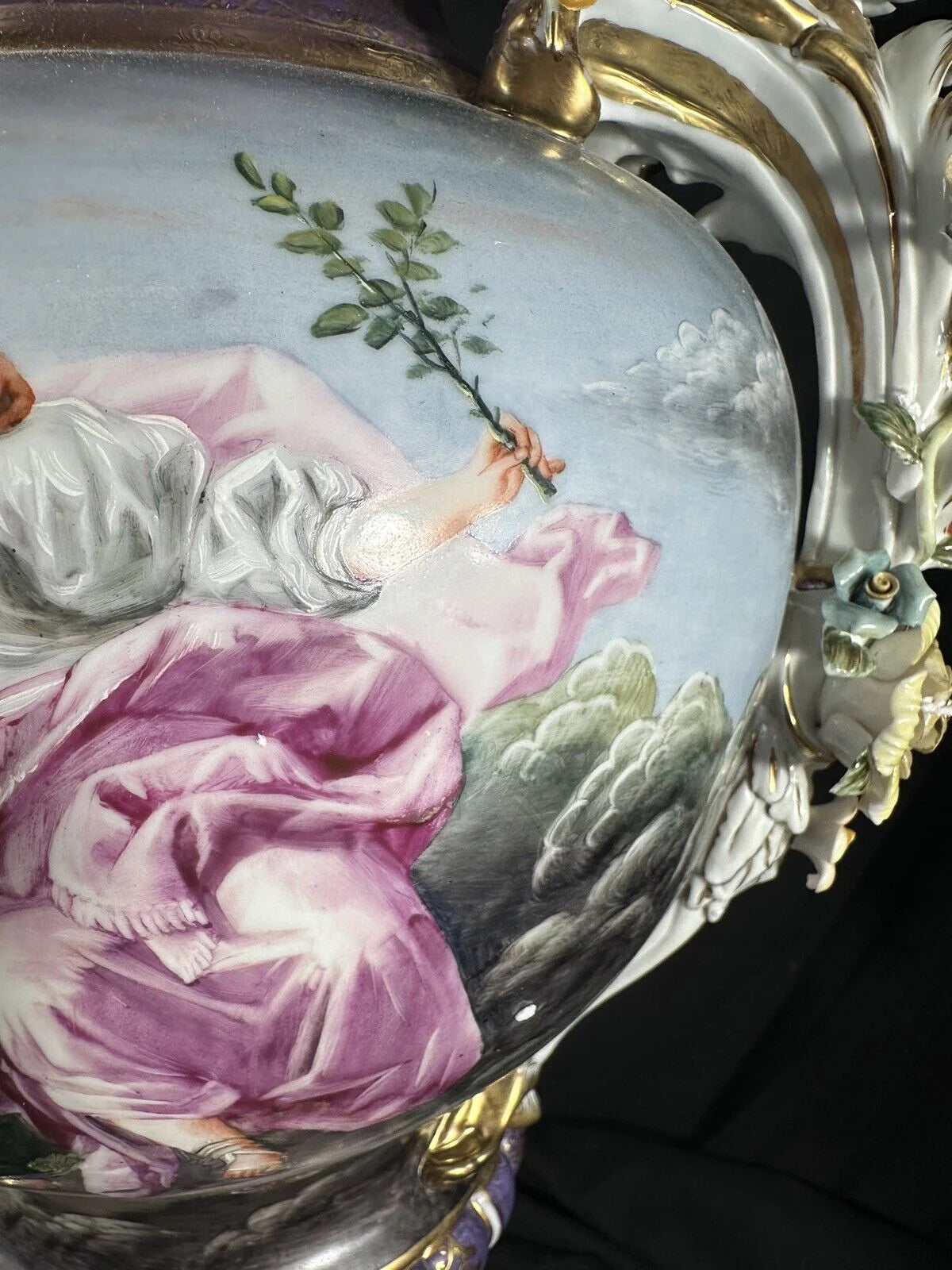 Porcelain handpainted Urn , after models from Sèvres 28”H Lidded