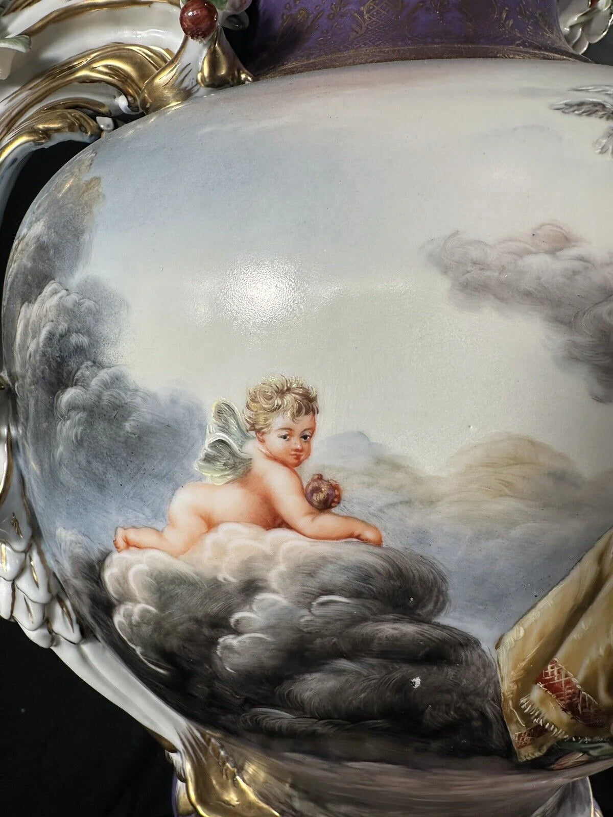 Porcelain handpainted Urn , after models from Sèvres 28”H Lidded