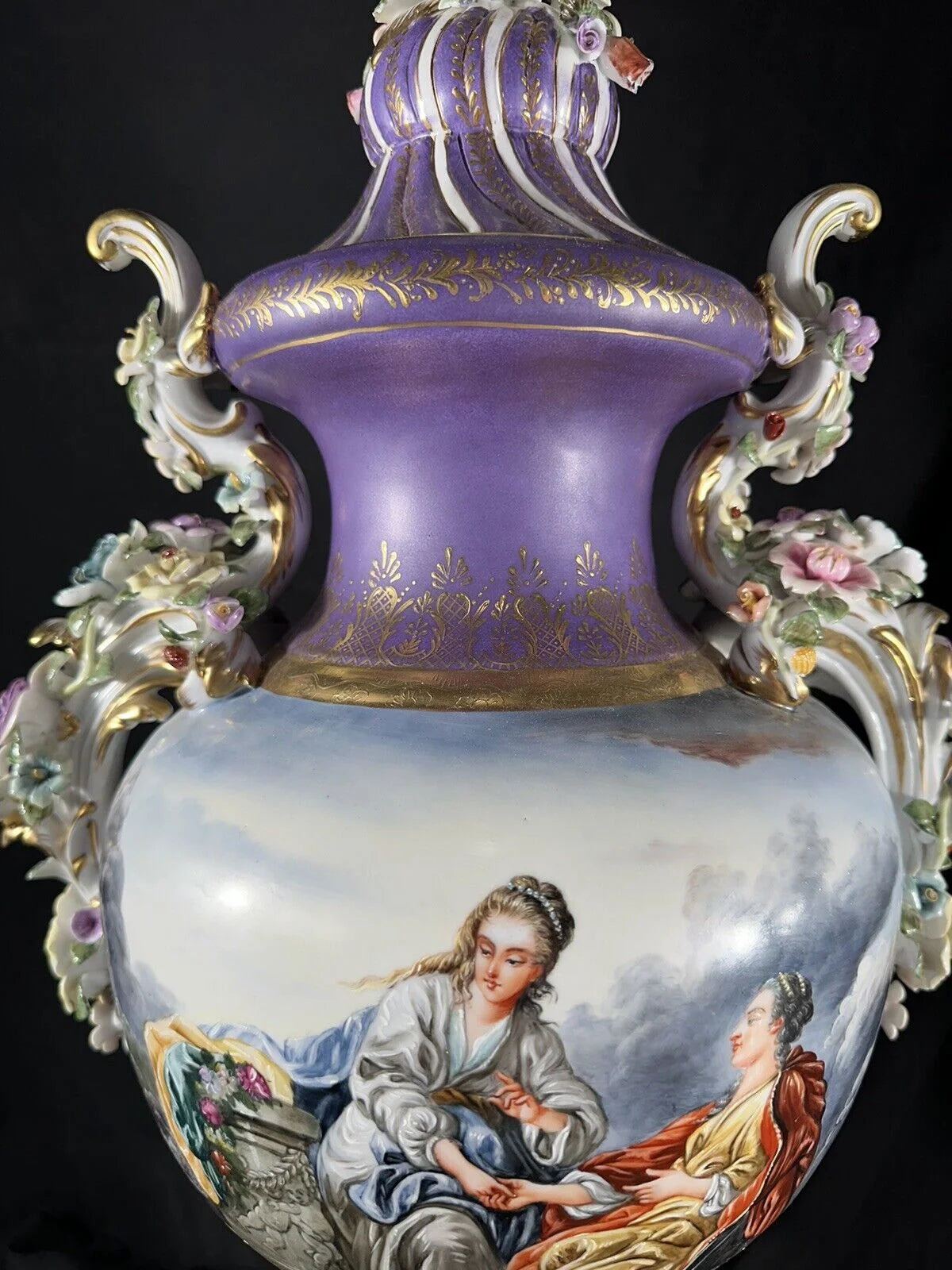 Porcelain handpainted Urn , after models from Sèvres 28”H Lidded