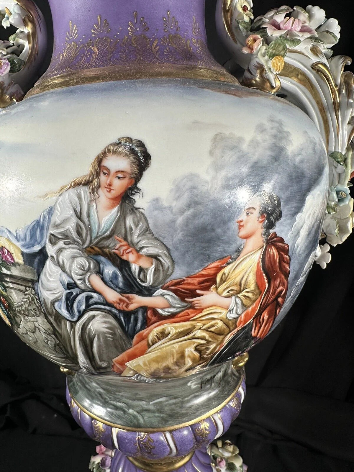 Porcelain handpainted Urn , after models from Sèvres 28”H Lidded