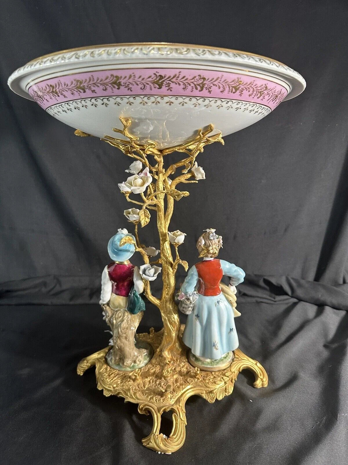 Beautiful Porcelain Figural Floral Compote With Bowl Centerpiece 16.5” H